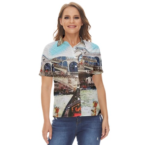 Lovely Gondola Ride - Venetian Bridge Women s Short Sleeve Double Pocket Shirt by ConteMonfrey