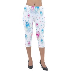 Jellyfis Pink Blue Cartoon Lightweight Velour Capri Leggings  by danenraven