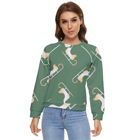 Gold Santa s Sleigh Green Print Women s Long Sleeve Raglan Tee by TetiBright