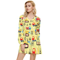 Seamless Pattern Vector Industrial Vehicle Cartoon Tiered Long Sleeve Mini Dress by Jancukart