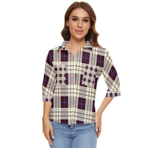 Purple, Blue And White Plaids Women s Quarter Sleeve Pocket Shirt by ConteMonfrey