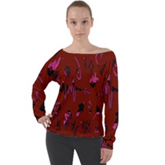 Doodles Maroon Off Shoulder Long Sleeve Velour Top by nateshop