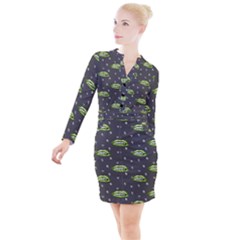 Green Vampire Mouth - Halloween Modern Decor Button Long Sleeve Dress by ConteMonfrey