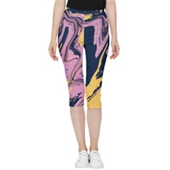 Pink Black And Yellow Abstract Painting Inside Out Lightweight Velour Capri Leggings  by Wegoenart