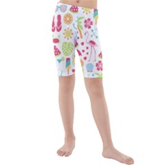 Flamingo Bird Nature Illustration Summer Beach Kids  Mid Length Swim Shorts by Jancukart