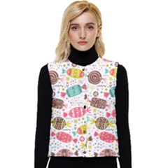 Candy Background Cartoon Women s Short Button Up Puffer Vest by Jancukart