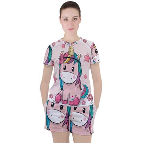 Cartoon Unicorn Fantasy Women s Tee And Shorts Set by Jancukart