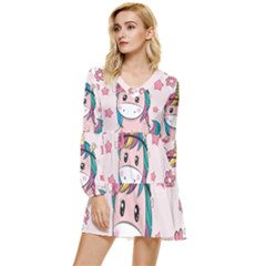 Cartoon Unicorn Fantasy Tiered Long Sleeve Mini Dress by Jancukart