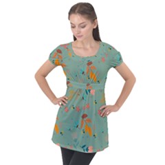 Background Flower Plant Leaves Puff Sleeve Tunic Top by Ravend