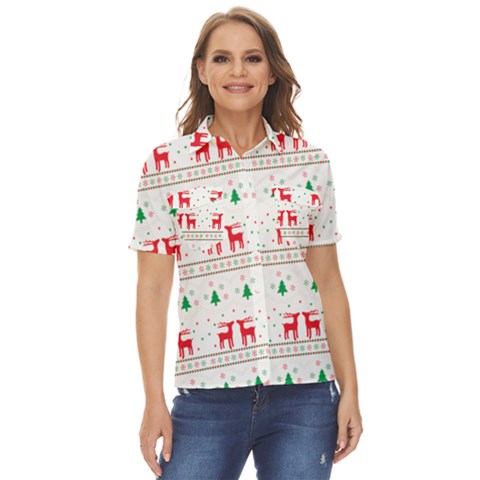 Christmas Illustration Texture Pattern Women s Short Sleeve Double Pocket Shirt by danenraven