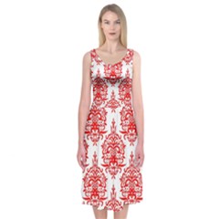 White And Red Ornament Damask Vintage Midi Sleeveless Dress by ConteMonfrey