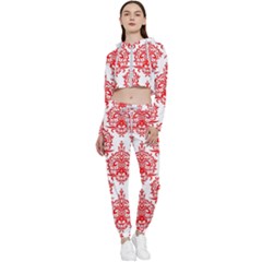 White And Red Ornament Damask Vintage Cropped Zip Up Lounge Set by ConteMonfrey