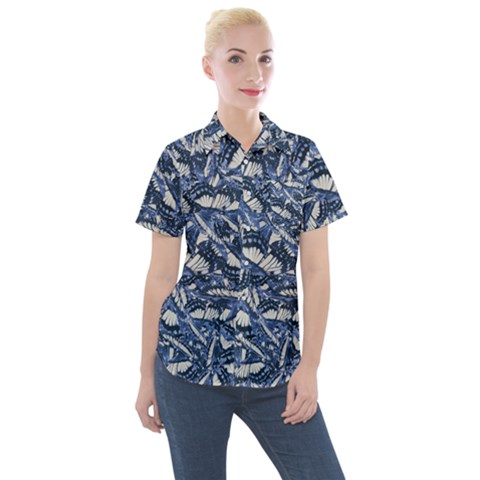 Butterflies Motif Collage Pattern Women s Short Sleeve Pocket Shirt by dflcprintsclothing