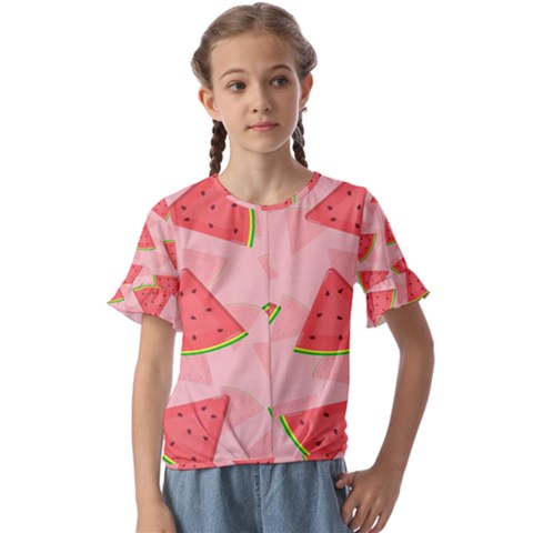 Background Watermelon Pattern Fruit Kids  Cuff Sleeve Scrunch Bottom Tee by Wegoenart