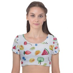 Fruit Summer Vitamin Watercolor Velvet Short Sleeve Crop Top  by Wegoenart