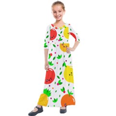 Pattern Fruit Fruits Orange Green Kids  Quarter Sleeve Maxi Dress by Wegoenart