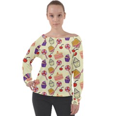 Cupcake Pattern Lollipop Off Shoulder Long Sleeve Velour Top by Wegoenart