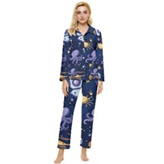 Marine-seamless-pattern-thin-line-memphis-style Womens  Long Sleeve Velvet Pocket Pajamas Set by BangZart