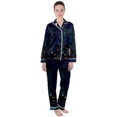 City Building Pixel Art Vaporwave Satin Long Sleeve Pajamas Set by danenraven