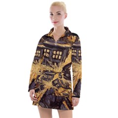 Brown And Black Abstract Painting Doctor Who Tardis Vincent Van Gogh Women s Long Sleeve Casual Dress by danenraven