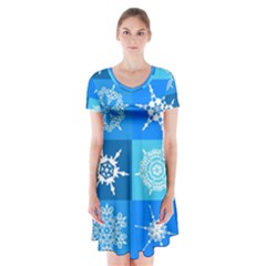 Xmas Christmas Pattern Snow Background Blue Decoration Short Sleeve V-neck Flare Dress by danenraven