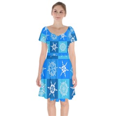 Xmas Christmas Pattern Snow Background Blue Decoration Short Sleeve Bardot Dress by danenraven