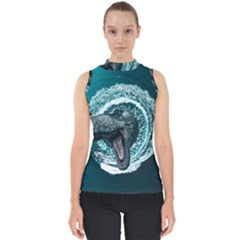 Dinosaur Sea Boat Fantasy Mock Neck Shell Top by Wegoenart