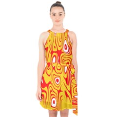 Red-yellow Halter Collar Waist Tie Chiffon Dress by nateshop