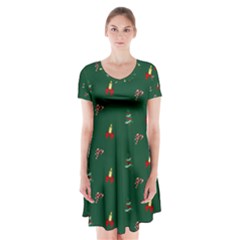 Christmas Background Green Pattern Short Sleeve V-neck Flare Dress by Ravend