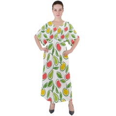 Fruit Fruits Food Illustration Background Pattern V-neck Boho Style Maxi Dress by Ravend