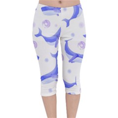 Whale Fish Sea Pattern Mammal Ocean Velvet Capri Leggings  by Ravend