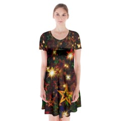 Christmas Xmas Stars Star Advent Background Short Sleeve V-neck Flare Dress by Ravend