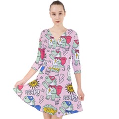 Seamless Pattern With Many Funny Cute Superhero Dinosaurs T-rex Mask Cloak With Comics Style Quarter Sleeve Front Wrap Dress by Ravend