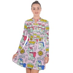 Seamless Pattern With Many Funny Cute Superhero Dinosaurs T-rex Mask Cloak With Comics Style Long Sleeve Panel Dress by Ravend