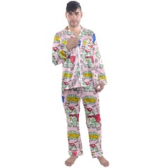 Seamless Pattern With Many Funny Cute Superhero Dinosaurs T-rex Mask Cloak With Comics Style Men s Long Sleeve Satin Pajamas Set by Ravend