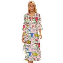 Seamless Pattern With Many Funny Cute Superhero Dinosaurs T-rex Mask Cloak With Comics Style Midsummer Wrap Dress by Ravend