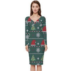 Beautiful Knitted Christmas Xmas Pattern Long Sleeve V-neck Bodycon Dress  by Jancukart