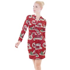 Christmas New Year Seamless Pattern Button Long Sleeve Dress by Jancukart