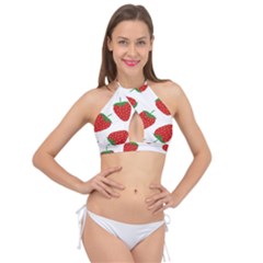 Seamless-pattern-fresh-strawberry Cross Front Halter Bikini Top by Jancukart