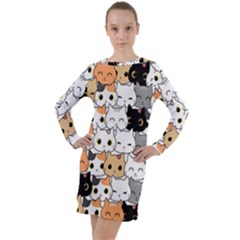 Cute-cat-kitten-cartoon-doodle-seamless-pattern Long Sleeve Hoodie Dress by Jancukart