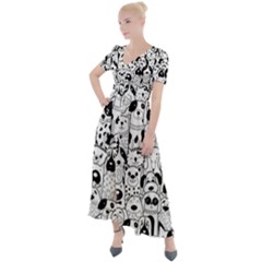 Seamless-pattern-with-black-white-doodle-dogs Button Up Short Sleeve Maxi Dress by Jancukart