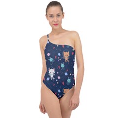 Cute-astronaut-cat-with-star-galaxy-elements-seamless-pattern Classic One Shoulder Swimsuit by Jancukart