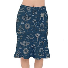 Dark-seamless-pattern-symbols-landmarks-signs-egypt -- Short Mermaid Skirt by Jancukart