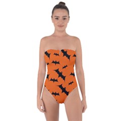 Halloween Card With Bats Flying Pattern Tie Back One Piece Swimsuit by Wegoenart