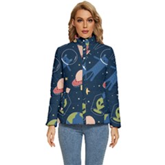 Seamless Pattern With Funny Alien Cat Galaxy Women s Puffer Bubble Jacket Coat by Wegoenart