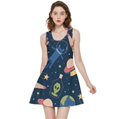 Seamless Pattern With Funny Alien Cat Galaxy Inside Out Reversible Sleeveless Dress by Wegoenart