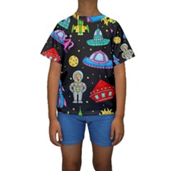 Seamless Pattern With Space Object Ufo Rocket Alien Hand Drawn Element Space Kids  Short Sleeve Swimwear by Wegoenart