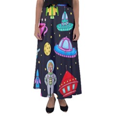 Seamless Pattern With Space Object Ufo Rocket Alien Hand Drawn Element Space Flared Maxi Skirt by Wegoenart