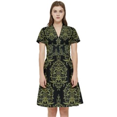 Black And Green Ornament Damask Vintage Short Sleeve Waist Detail Dress by ConteMonfrey