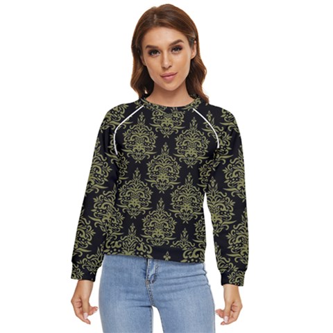 Black And Green Ornament Damask Vintage Women s Long Sleeve Raglan Tee by ConteMonfrey